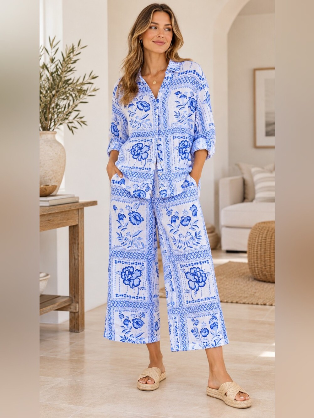 H by Halston 100% Linen Matching Set - Floral Tile Print Blouse And Pants XL